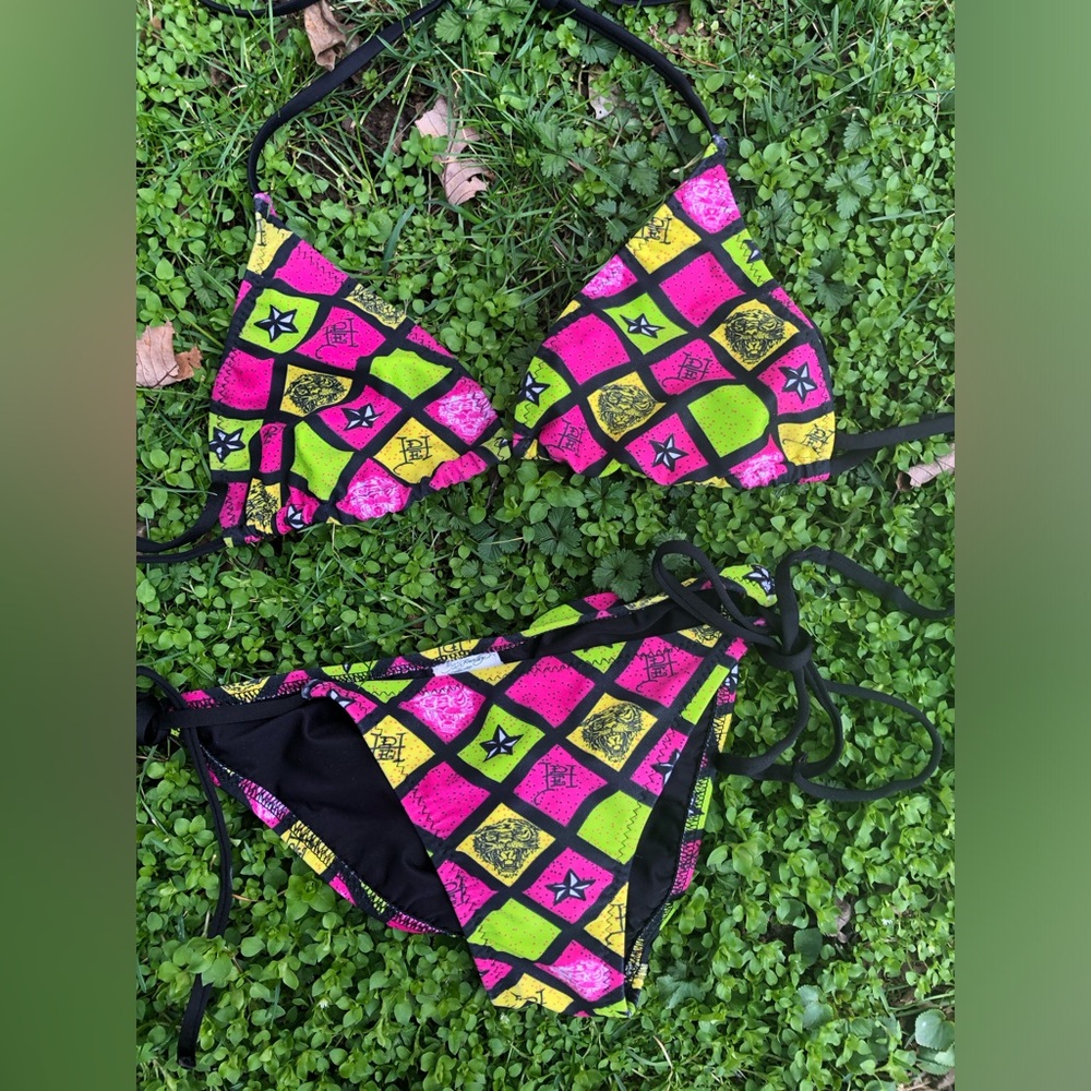 ed hardy , affliction style bikini set | neon pink green and yellow